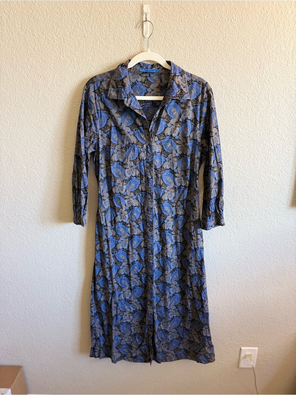 J. McLaughlin Cotton Blue Button Front Midi Shirt Dress Printed Block Print Sz L - Picture 9 of 9
